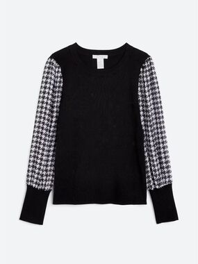 Black Sweater with Houndstooth Sheer Sleeves